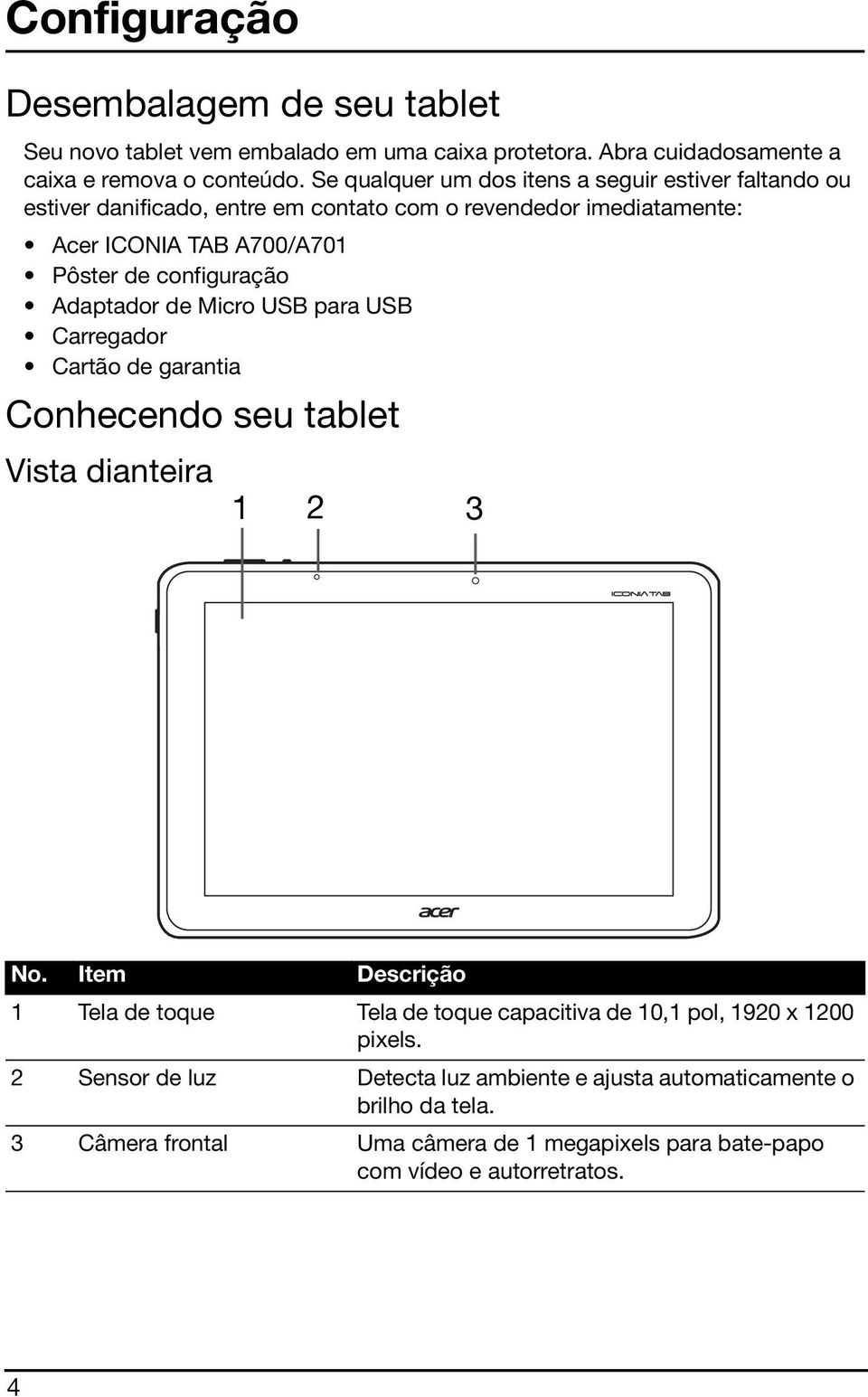 configuração Adaptador de Micro USB para USB Carregador Cartão de garantia Conhecendo seu tablet Vista dianteira 1 2 3 No.