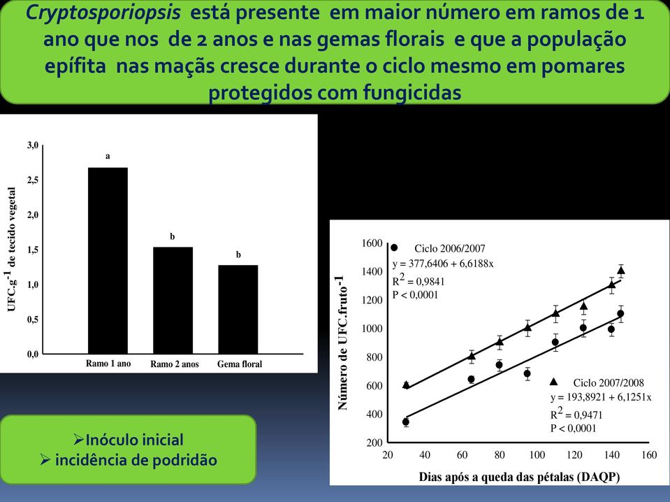 g -1 de tecido vegetal 2,0 1,5 1,0 0,5 0,0 b Ramo 1 ano Ramo 2 anos Gema floral Inóculo inicial incidência de podridão b Número de UFC.