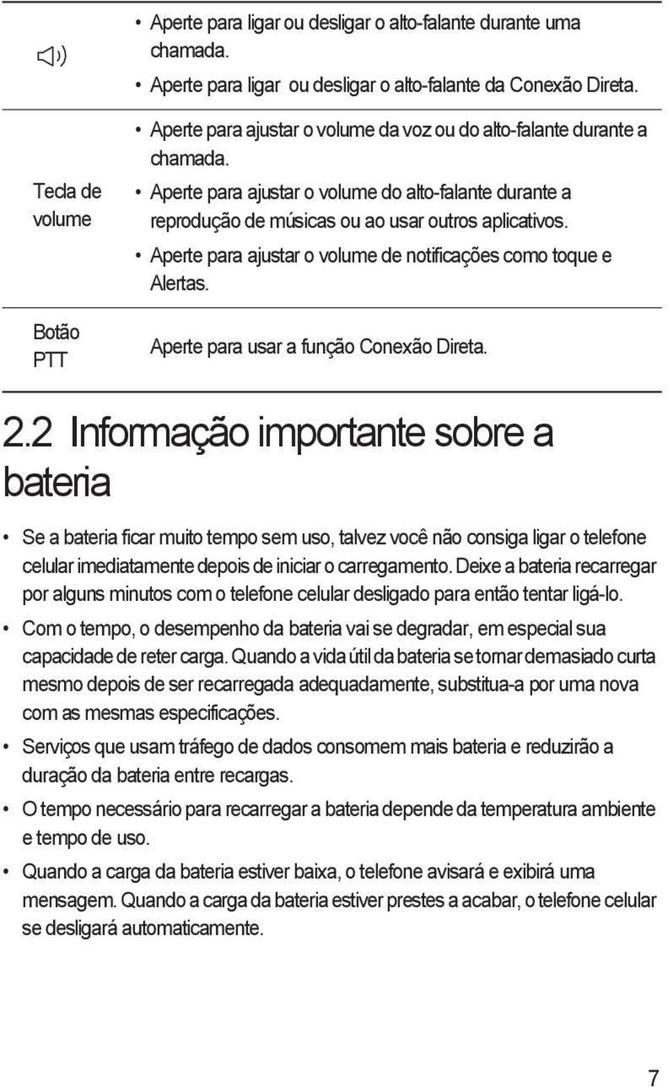 aplicativos. Aperte para ajustar o volume de notificações como toque e Alertas. Aperte para usar a função Conexão Direta. 2.