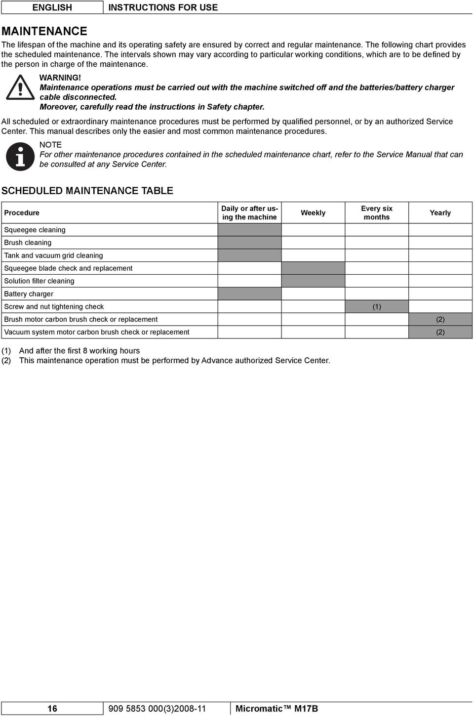 Maintenance operations must be carried out with the machine switched off and the batteries/battery charger cable disconnected. Moreover, carefully read the instructions in Safety chapter.