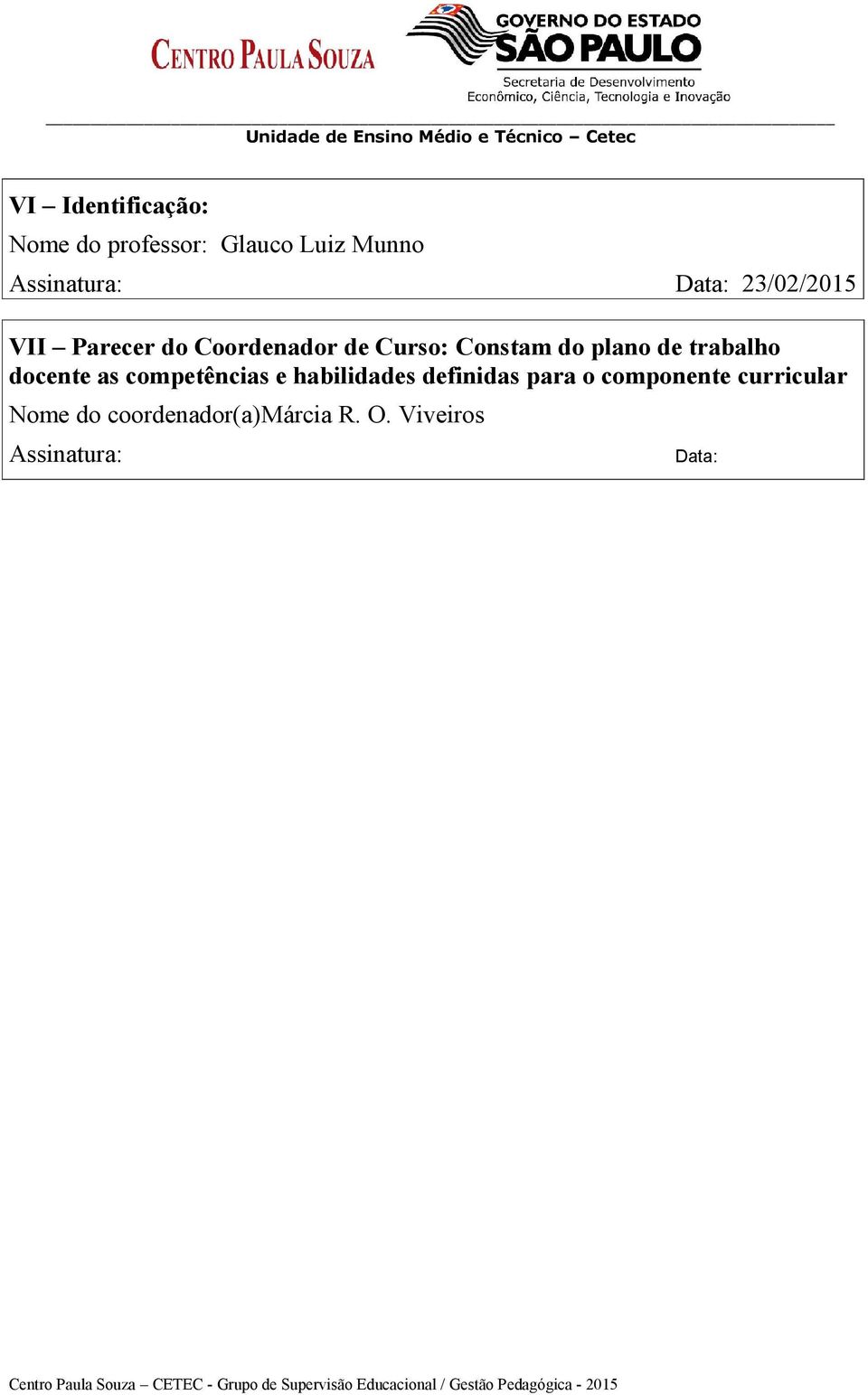 Curso: Constam do plano de trabalho docente as competências e habilidades