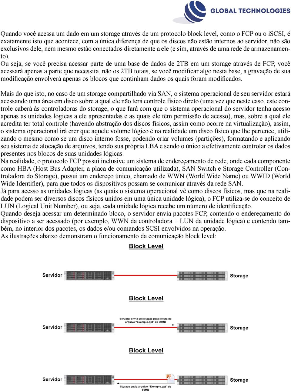 Ou seja, se você precisa acessar parte de uma base de dados de 2TB em um storage através de FCP, você acessará apenas a parte que necessita, não os 2TB totais, se você modificar algo nesta base, a