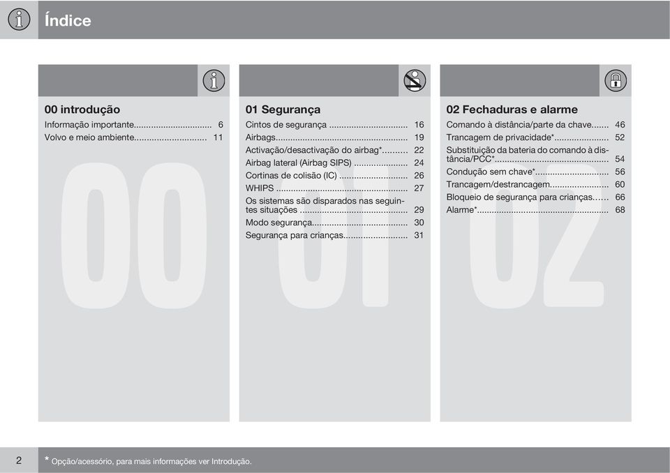 .. 22 Substituição da bateria do comando à distância/pcc*... 54 Airbag lateral (Airbag SIPS)... 24 Cortinas de colisão (IC)... 26 Condução sem chave*... 56 WHIPS.