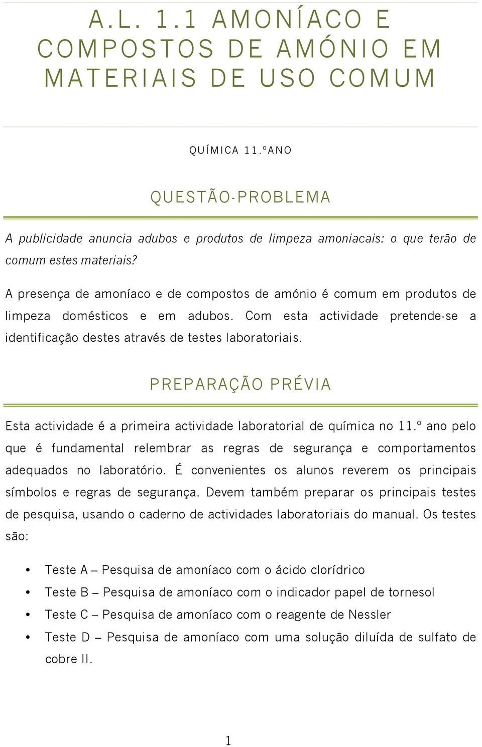 PREPARAÇÃO PRÉVIA Esta actividade é a primeira actividade laboratorial de química no 11.º ano pelo que é fundamental relembrar as regras de segurança e comportamentos adequados no laboratório.