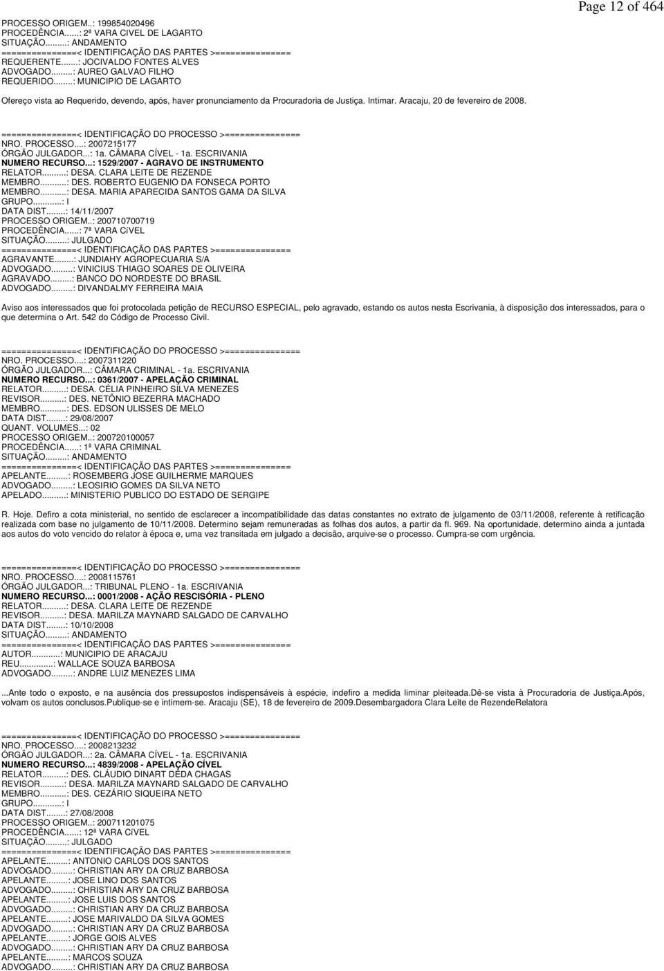 Aracaju, 20 de fevereiro de 2008. ===============< IDENTIFICAÇÃO DO PROCESSO >=============== NRO. PROCESSO...: 2007215177 ÓRGÃO JULGADOR...: 1a. CÂMARA CÍVEL - 1a. ESCRIVANIA NUMERO RECURSO.