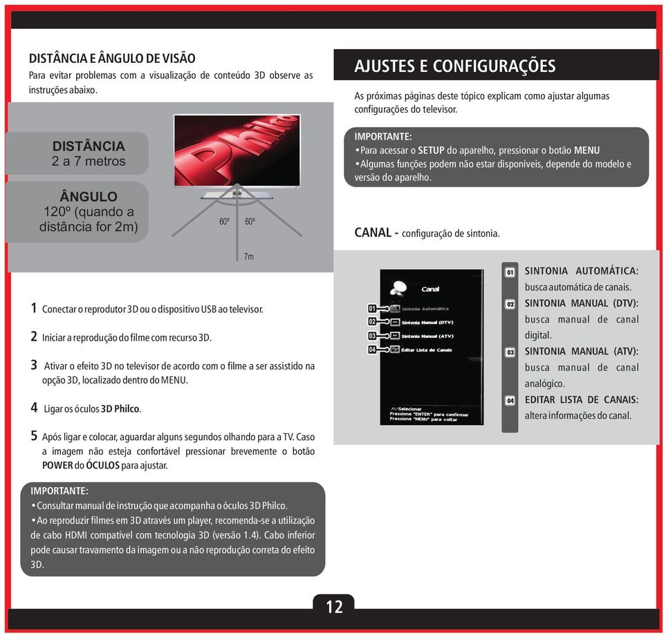 DISTÂNCIA 2 a 7 metros ÂNGULO 120º (quando a distância for 2m) 60º 60º Para acessar o SETUP do aparelho, pressionar o botão MENU Algumas funções podem não estar disponíveis, depende do modelo e