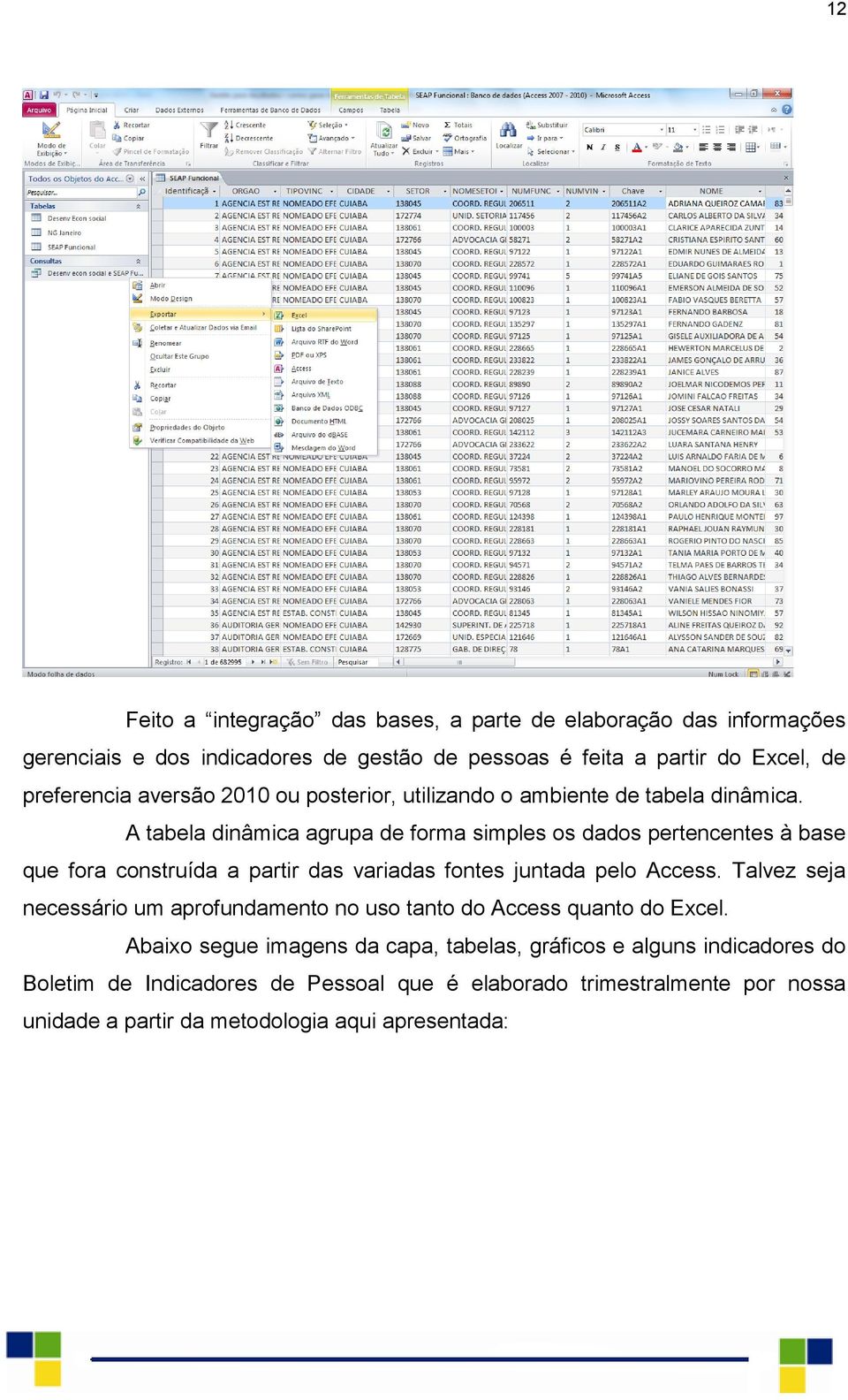 A tabela dinâmica agrupa de forma simples os dados pertencentes à base que fora construída a partir das variadas fontes juntada pelo Access.