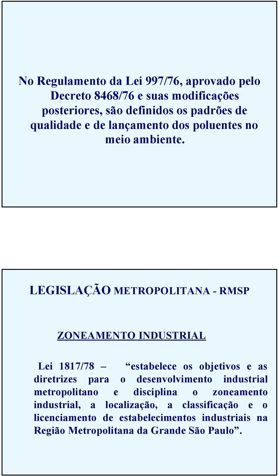 LEGISLAÇÃO METROPOLITANA - RMSP ZONEAMENTO INDUSTRIAL Lei 1817/78 estabelece os objetivos e as diretrizes para o