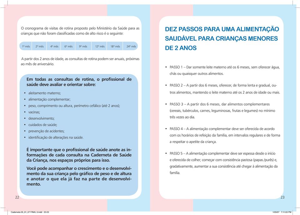 Em todas as consultas de rotina, o profissional de saúde deve avaliar e orientar sobre: aleitamento materno; alimentação complementar; peso, comprimento ou altura, perímetro cefálico (até 2 anos);