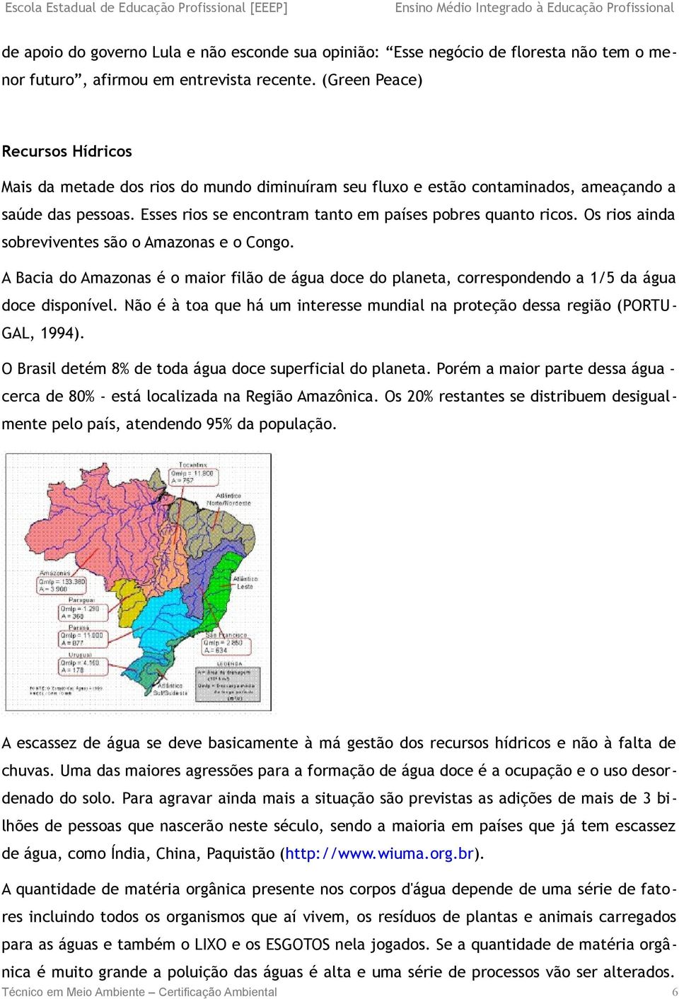 Os rios ainda sobreviventes são o Amazonas e o Congo. A Bacia do Amazonas é o maior filão de água doce do planeta, correspondendo a 1/5 da água doce disponível.