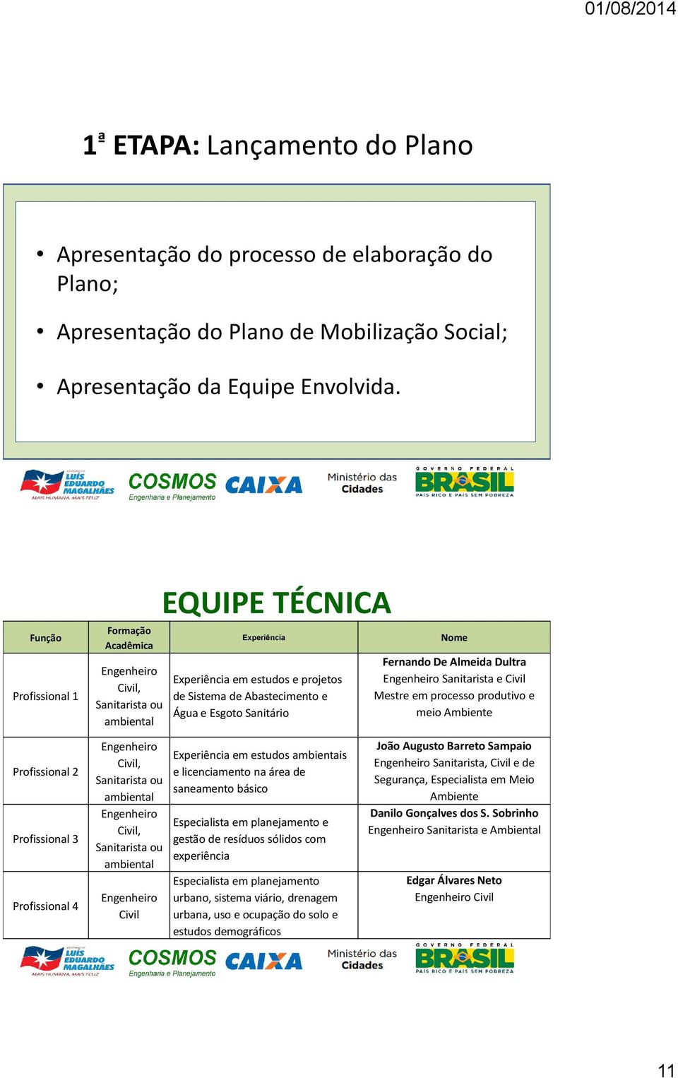 Nome Fernando De Almeida Dultra Engenheiro Sanitarista e Civil Mestre em processo produtivo e meio Ambiente Profissional 2 Profissional 3 Profissional 4 Engenheiro Civil, Sanitarista ou ambiental