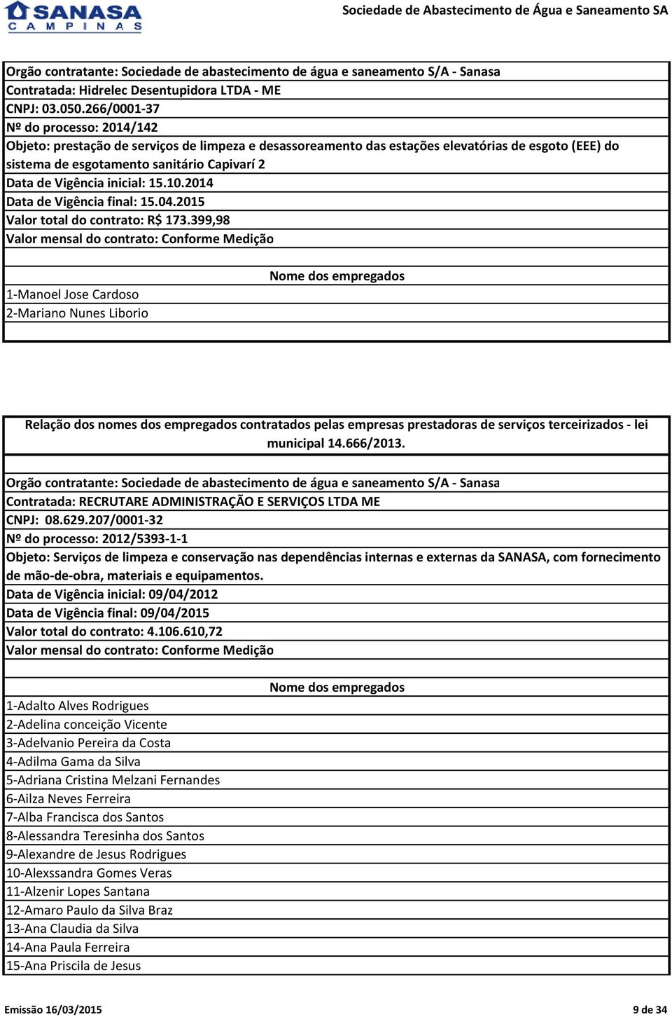 Vigência inicial: 15.10.2014 Data de Vigência final: 15.04.2015 Valor total do contrato: R$ 173.