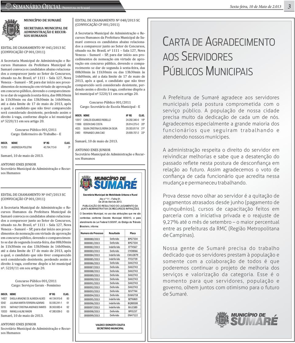 CP 001/2011) A Secretaria Municipal de Administração e Recursos Humanos da Prefeitura Municipal de Sumaré convoca os candidatos abaixo relacionados a comparecer junto ao Setor de Concursos, situado