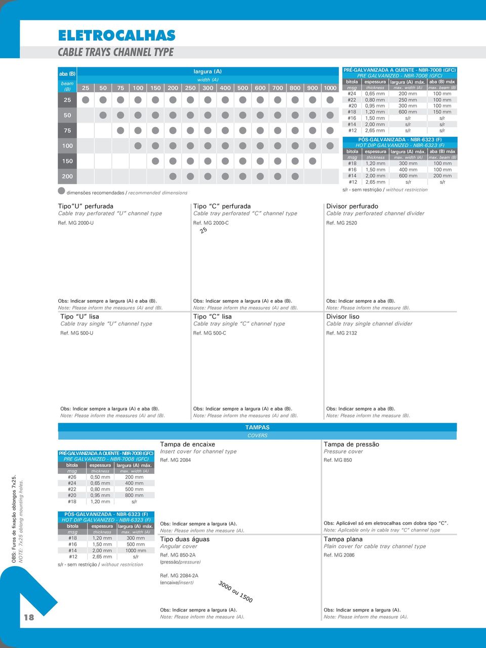 beam (B) #24 0,65 mm 200 mm 100 mm #22 0,80 mm 250 mm 100 mm #20 0,95 mm 300 mm 100 mm #18 1,20 mm 600 mm 150 mm #16 1,50 mm s/r s/r #14 2,00 mm s/r s/r #12 2,65 mm s/r s/r PÓS-GALVANIZADA - NBR-6323
