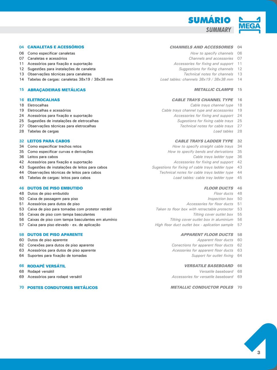 38x38 mm Load tables: channels 38x19 / 38x38 mm 14 15 15 16 16 18 Eletrocalhas Cable trays channel type 18 19 Eletrocalhas e acessórios Cable trays channel type and accessories 19 24 Acessórios para