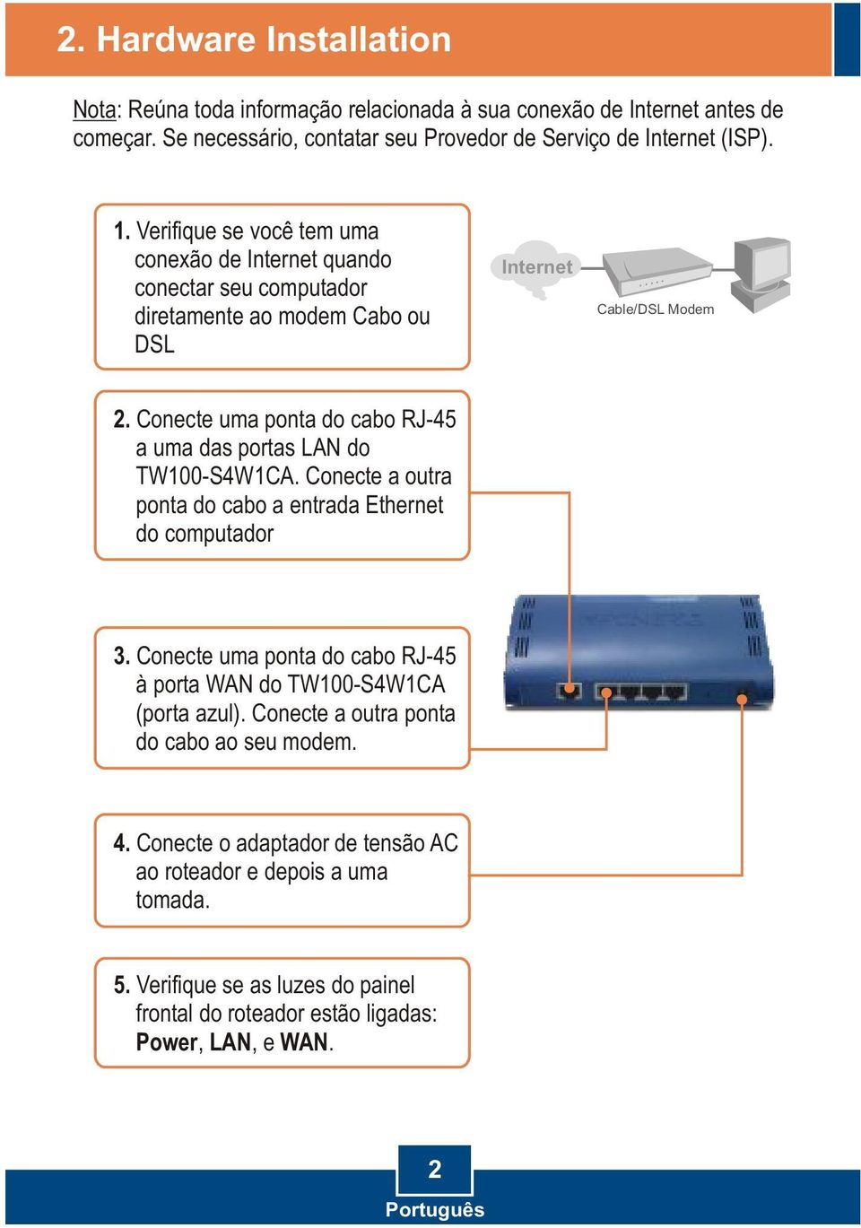 Conecte uma ponta do cabo RJ-45 a uma das portas LAN do TW100-S4W1CA. Conecte a outra ponta do cabo a entrada Ethernet do computador 3.