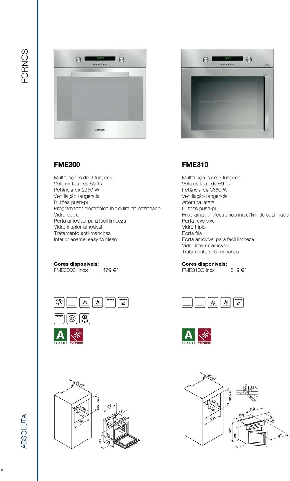 Multifunções de 5 funções Volume total de 59 lts Potência de 3680 W Ventilação tangencial Abertura lateral Butões push-pull Programador electrónico inicio/fim de