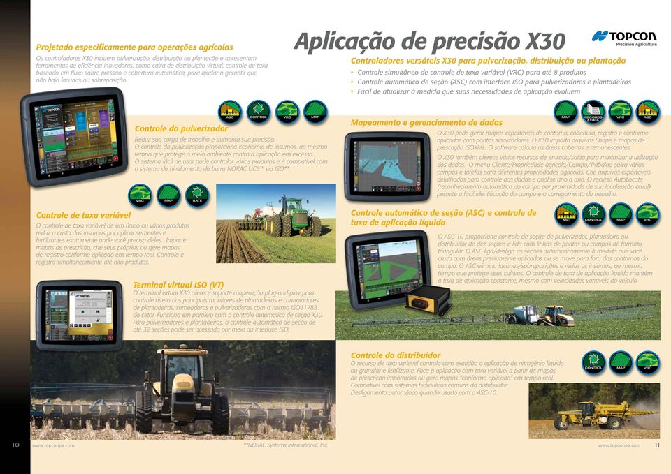 Aplicação de precisão X30 Controladores versáteis X30 para pulverização, distribuição ou plantação Controle simultâneo de controle de taxa variável (VRC) para até 8 produtos Controle automático de