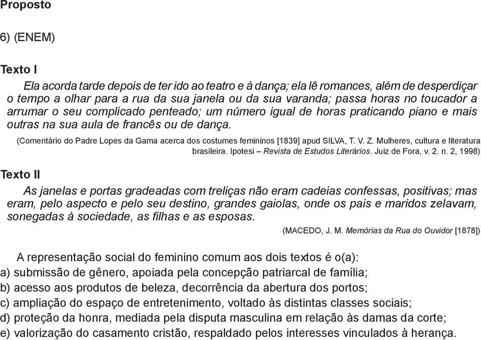 (Comentário do Padre Lopes da Gama acerca dos costumes femininos [1839] apud SILVA, T. V. Z. Mulheres, cultura e literatura brasileira. Ipotesi Revista de Estudos Literários. Juiz de Fora, v. 2. n.