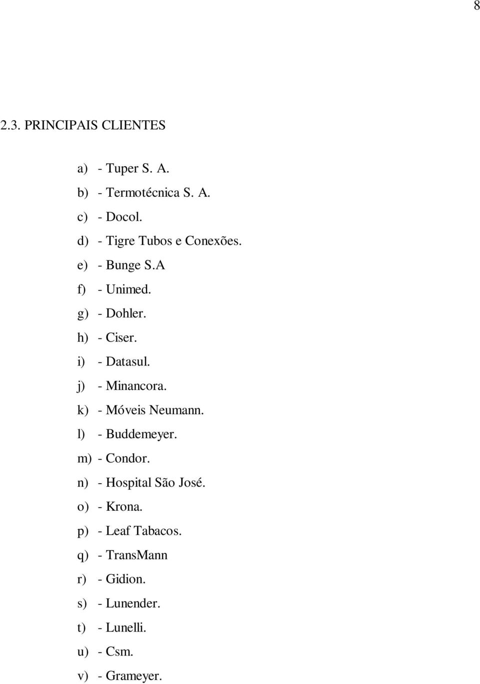 j) - Minancora. k) - Móveis Neumann. l) - Buddemeyer. m) - Condor. n) - Hospital São José.