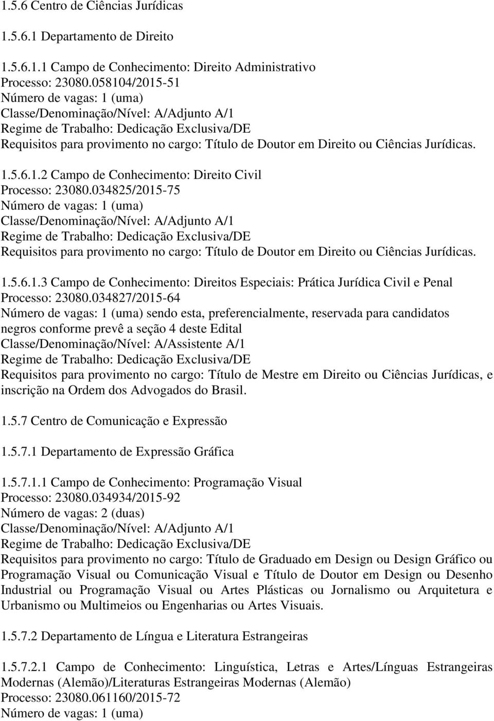 034825/2015-75 Requisitos para provimento no cargo: Título de Doutor em Direito ou Ciências Jurídicas. 1.5.6.1.3 Campo de Conhecimento: Direitos Especiais: Prática Jurídica Civil e Penal Processo: 23080.