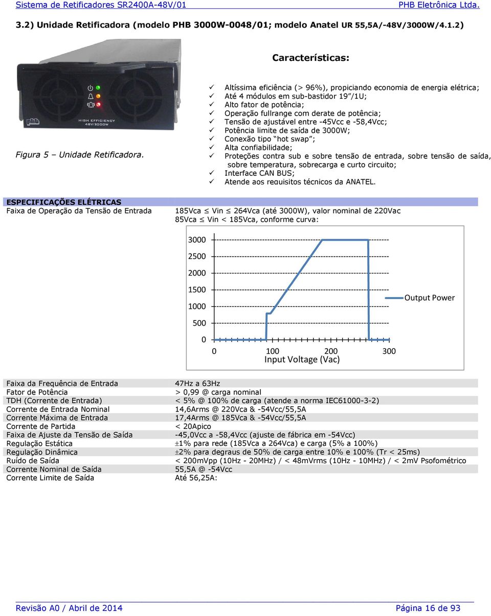 entre -45Vcc e -58,4Vcc; Potência limite de saída de 3000W; Conexão tipo hot swap ; Alta confiabilidade; Proteções contra sub e sobre tensão de entrada, sobre tensão de saída, sobre temperatura,