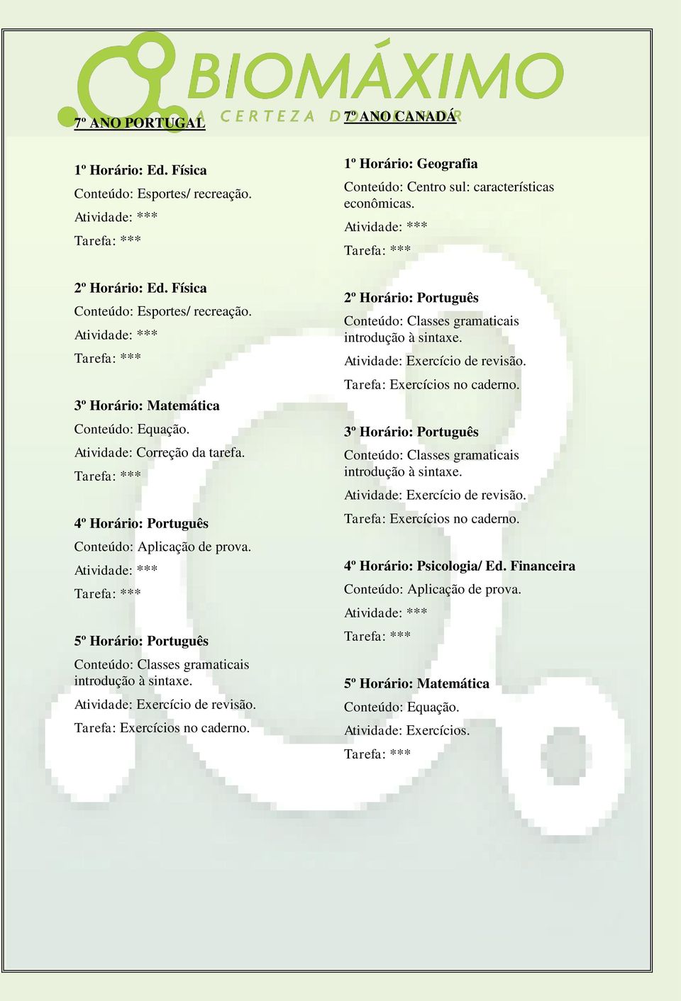 1º Horário: Geografia Conteúdo: Centro sul: características econômicas. 2º Horário: Português Conteúdo: Classes gramaticais introdução à sintaxe. Atividade: Exercício de revisão.