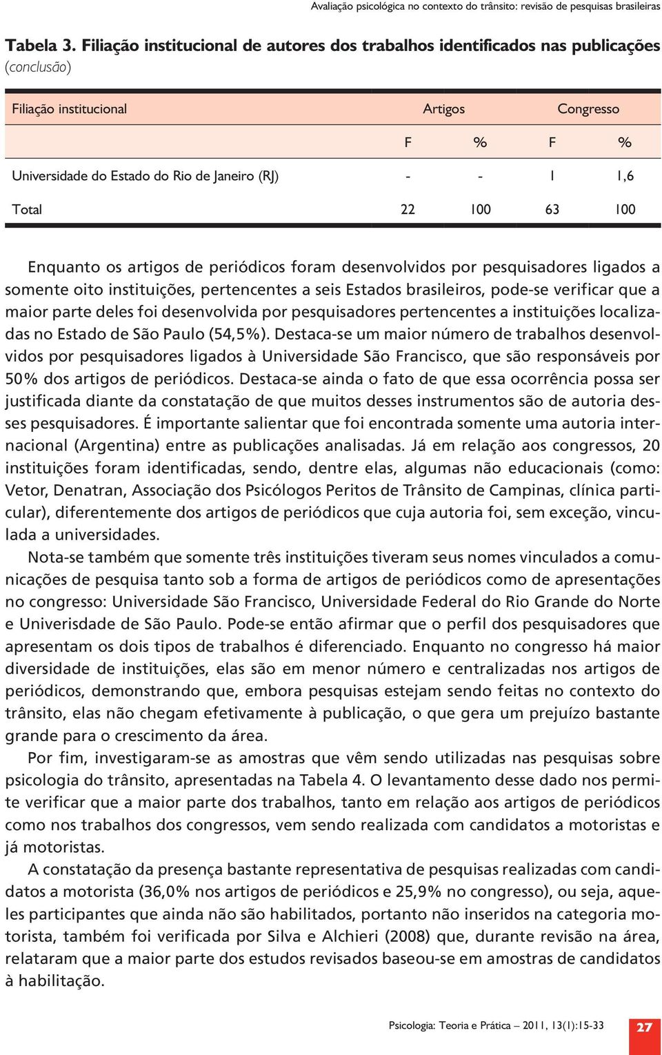 100 63 100 Enquanto os artigos de periódicos foram desenvolvidos por pesquisadores ligados a somente oito instituições, pertencentes a seis Estados brasileiros, pode se verificar que a maior parte