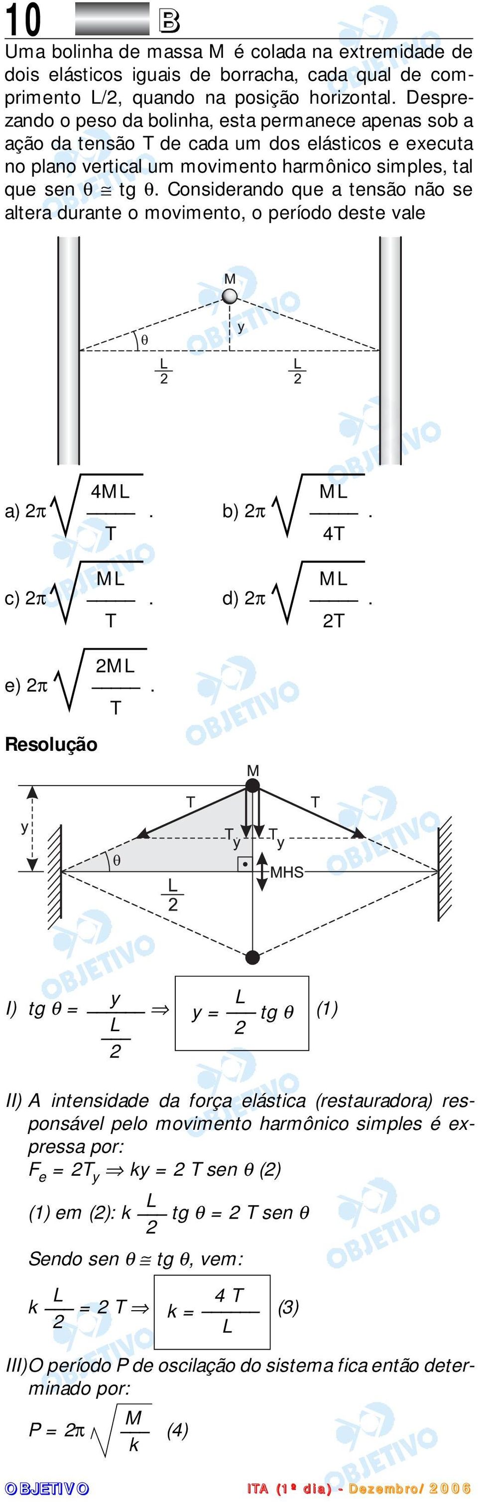 Considerando que a tensão não se altera durante o movimento, o período deste vale 4ML ML a) π. b) π. T 4T ML ML c) π. d) π. T T ML e) π.