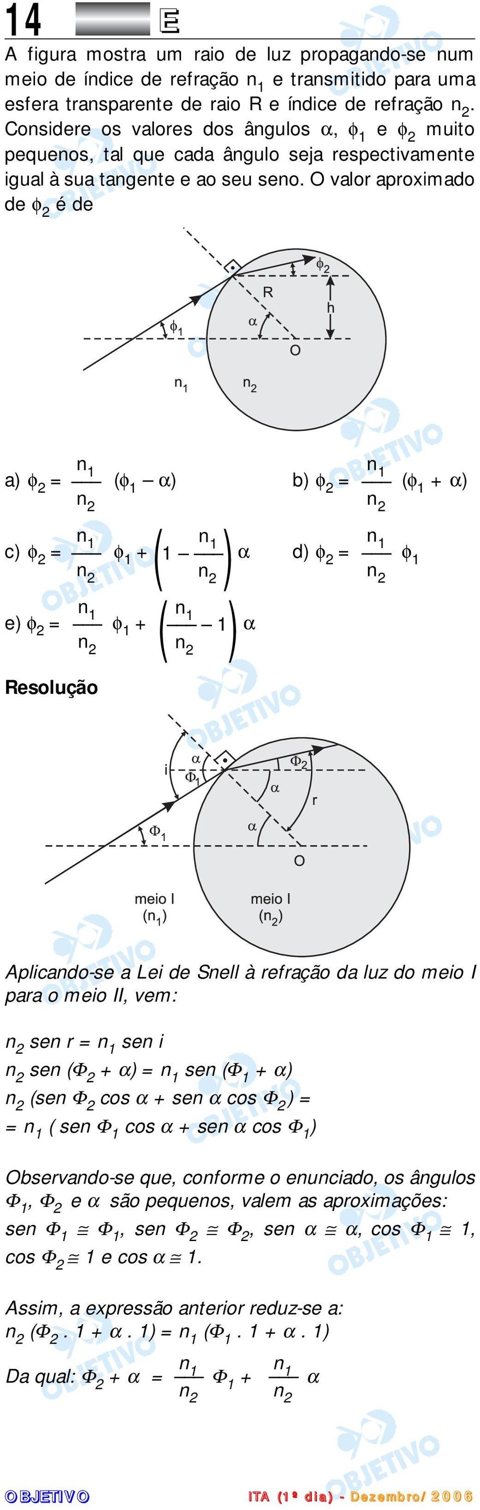 O valor aproximado de φ é de n 1 a) φ = (φ 1 α) b) φ = (φ 1 + α) n n 1 c) φ = φ 1 ( n + 1 ) n 1 1 α d) φ = φ 1 n n n n 1 n e) φ = φ 1 ( + 1 1 ) α n n n 1 n Aplicando-se a Lei de Snell à refração da