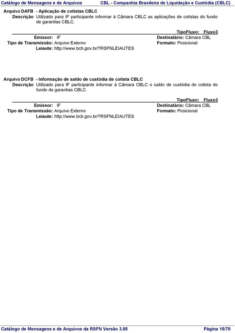 rsfnleiautes TipoFluxo: Fluxo3 Destinatário: Câmara CBL Arquivo DCFB - Informação de saldo de custódia de cotista CBLC Descrição Utilizado para IF participante informar