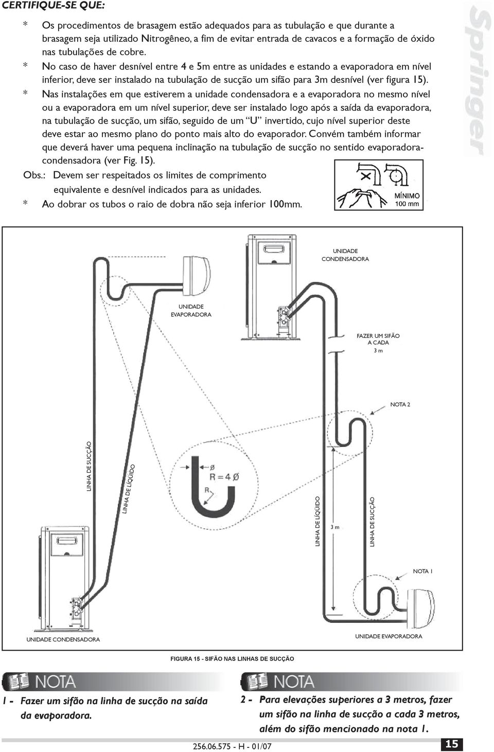 * No caso de haver desnível entre 4 e 5m entre as unidades e estando a evaporadora em nível inferior, deve ser instalado na tubulação de sucção um sifão para 3m desnível (ver figura 15).