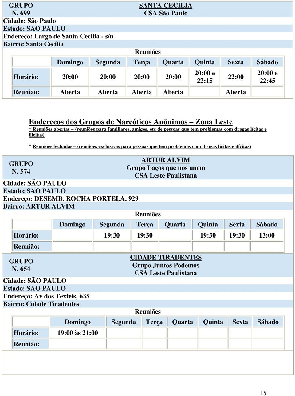 574 Endereços dos Grupos de Narcóticos Anônimos Zona Leste * abertas (reuniões para familiares, amigos, etc de pessoas que tem problemas com drogas lícitas e ilícitas) * fechadas