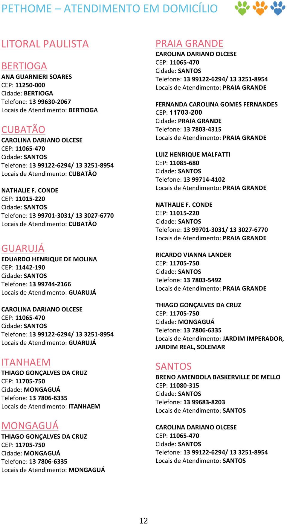 CONDE CEP: 11015-220 Cidade: SANTOS Telefone: 13 99701-3031/ 13 3027-6770 Locais de Atendimento: CUBATÃO GUARUJÁ EDUARDO HENRIQUE DE MOLINA CEP: 11442-190 Cidade: SANTOS Telefone: 13 99744-2166