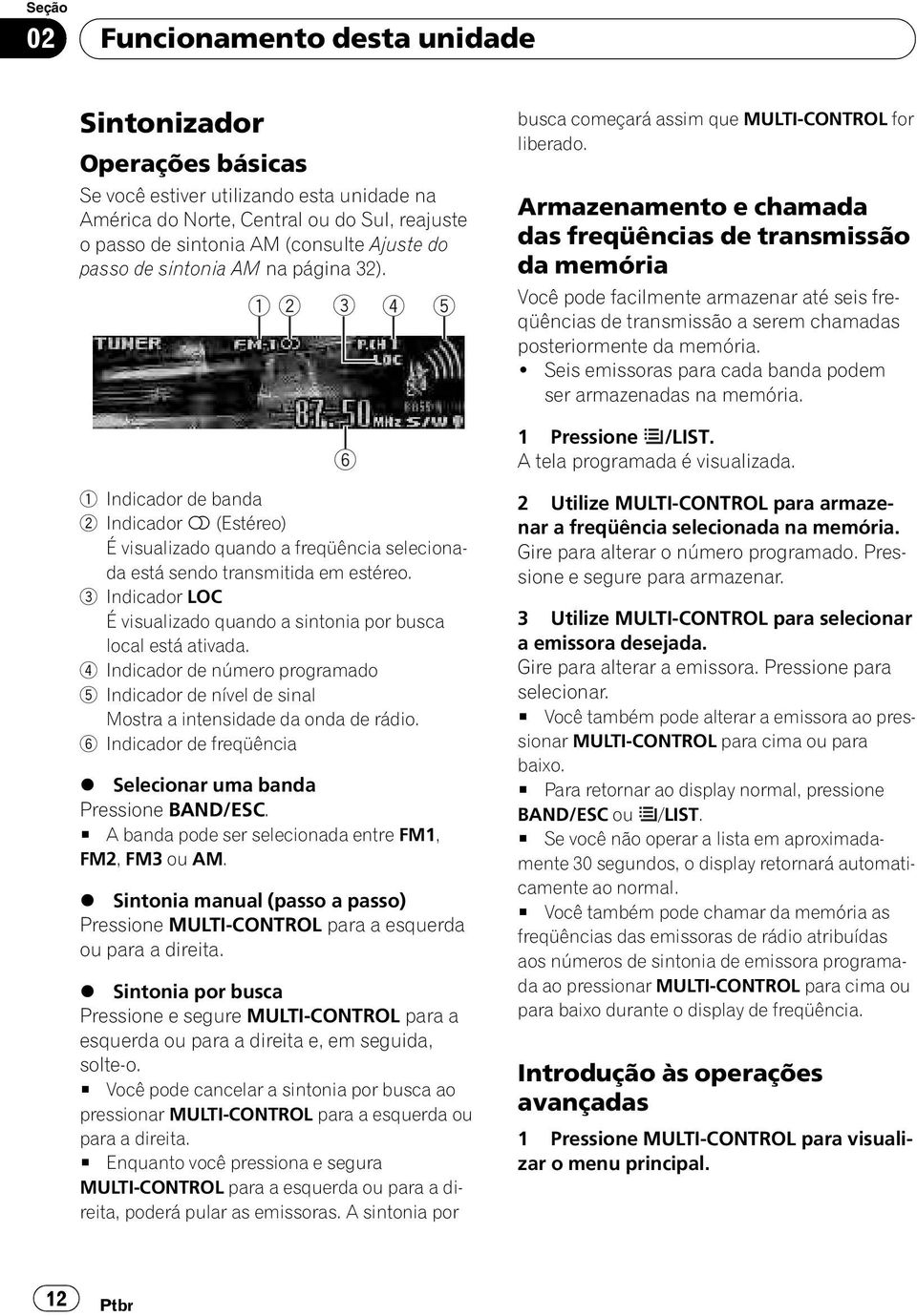 3 Indicador LOC É visualizado quando a sintonia por busca local está ativada. 4 Indicador de número programado 5 Indicador de nível de sinal Mostra a intensidade da onda de rádio.