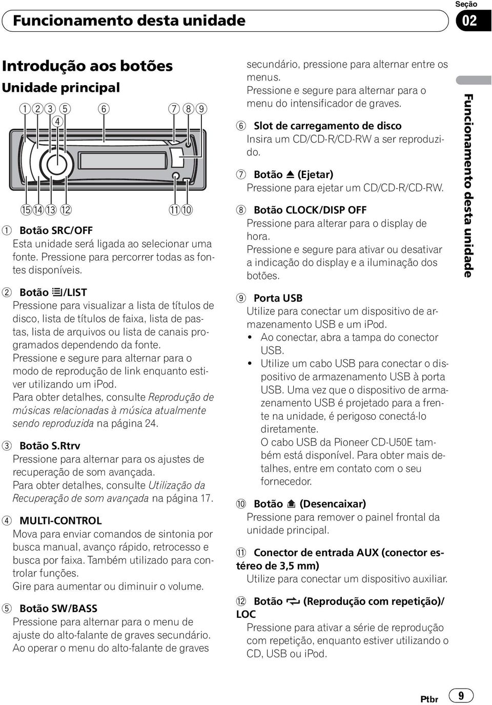 Pressione e segure para alternar para o modo de reprodução de link enquanto estiver utilizando um ipod.