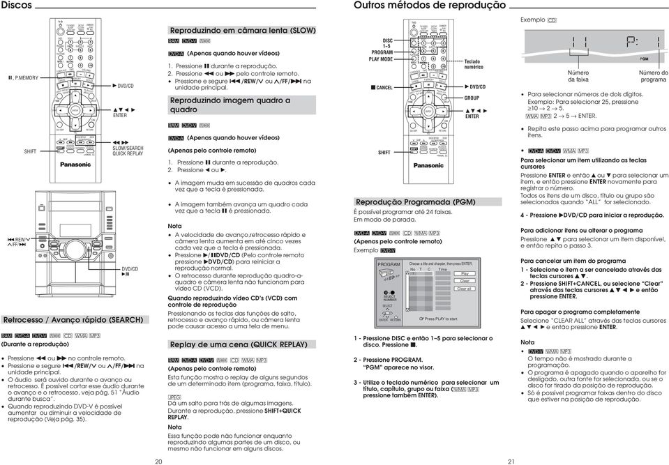 Reproduzindo imagem quadro a quadro RAM DVD-V VCD DVD-A (Apenas quando houver vídeos) ~5 TOP EO UME SLOW/SEAR Teclado numérico Número da faixa Para selecionar números de dois dígitos.