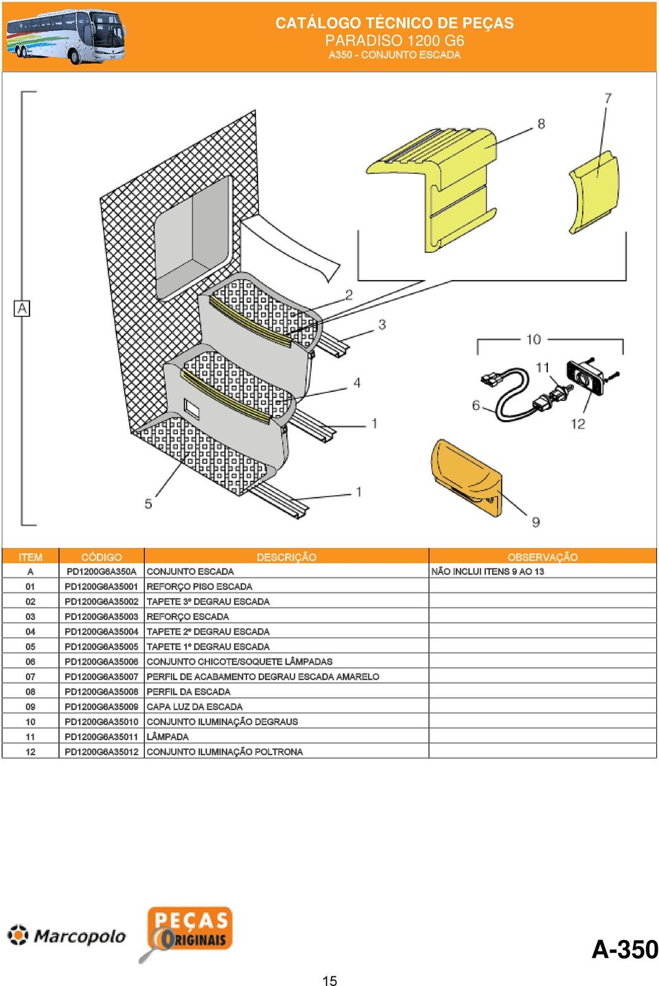 PD1200G6A35006 CONJUNTO CHICOTE/SOQUETE LÂMPADAS 07 PD1200G6A35007 PERFIL DE ACABAMENTO DEGRAU ESCADA AMARELO 08 PD1200G6A35008 PERFIL DA ESCADA 09