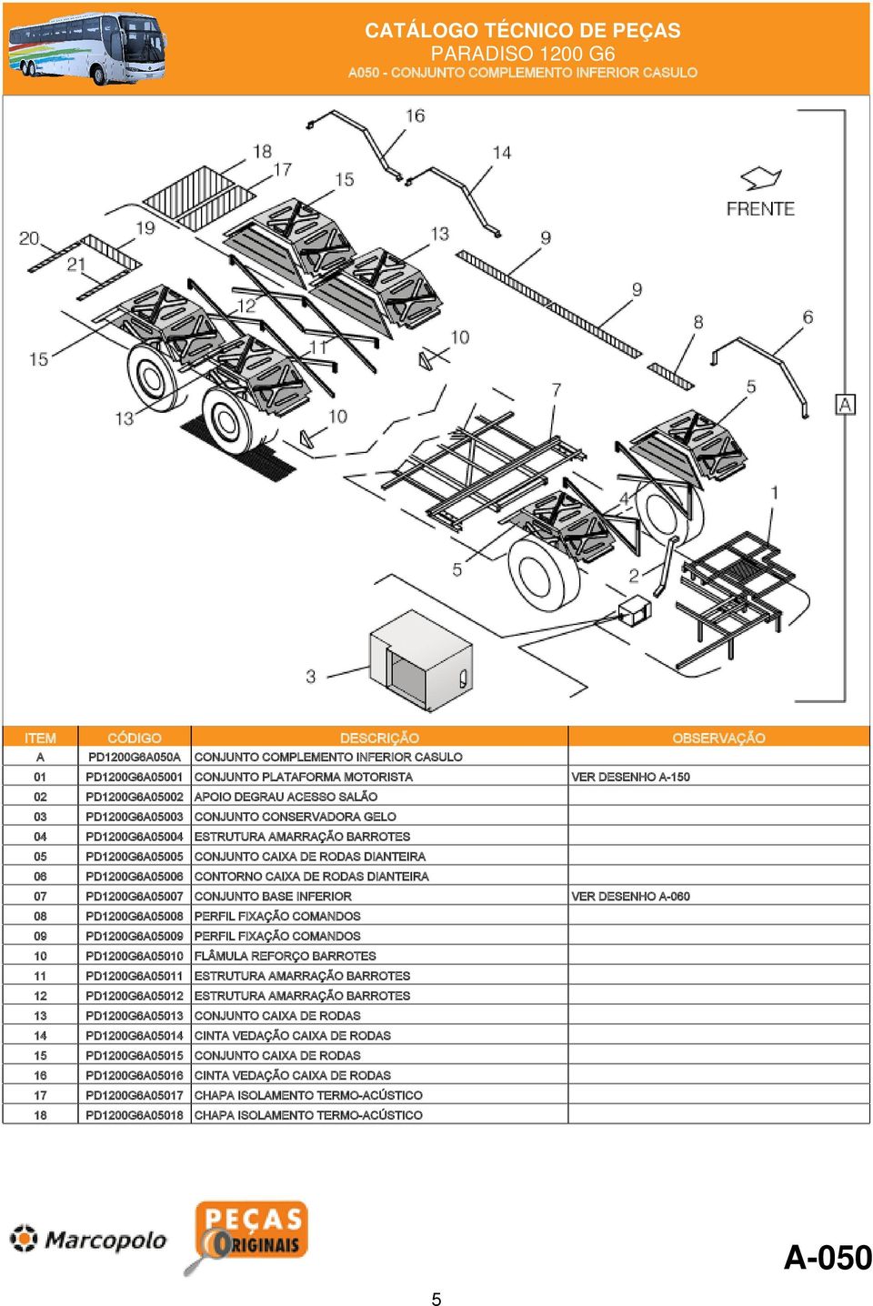 DIANTEIRA 07 PD1200G6A05007 CONJUNTO BASE INFERIOR VER DESENHO A-060 08 PD1200G6A05008 PERFIL FIXAÇÃO COMANDOS 09 PD1200G6A05009 PERFIL FIXAÇÃO COMANDOS 10 PD1200G6A05010 FLÂMULA REFORÇO BARROTES 11