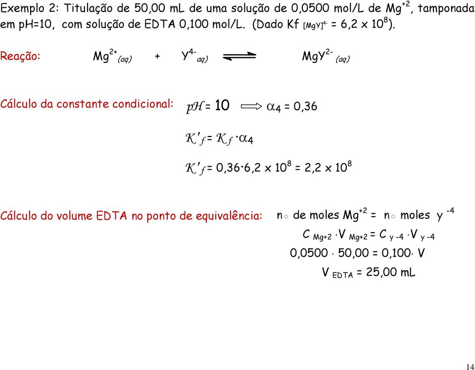 Reação: Mg 2+ (aq) + Y 4- aq) MgY 2- (aq) Cálculo da constante condicional: ph = 10 4 = 0,36 K f = K f 4 K f =