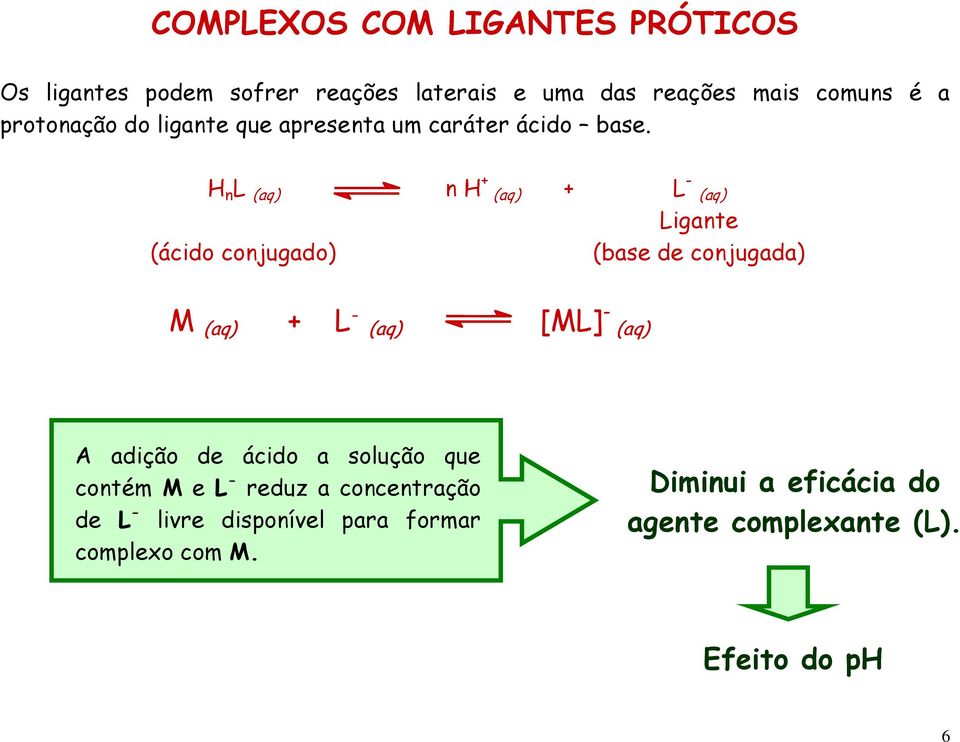 H n L (aq) n H + (aq) + L - (aq) Ligante (ácido conjugado) (base de conjugada) M (aq) + L - (aq) [ML] - (aq) A