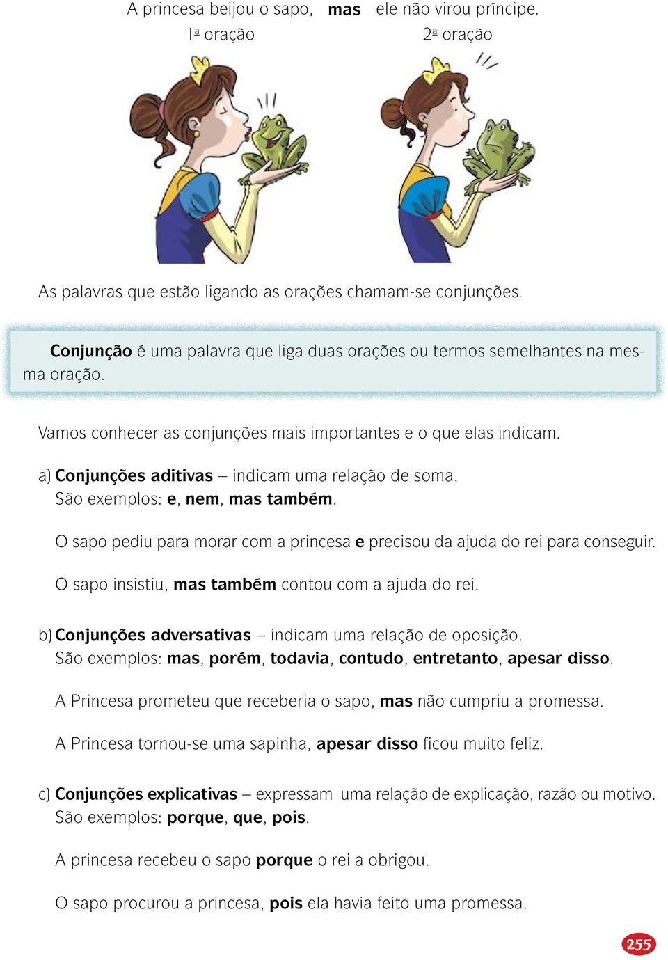 a) Conjunções aditivas indicam uma relação de soma. São exemplos: e, nem, mas também. O sapo pediu para morar com a princesa e precisou da ajuda do rei para conseguir.