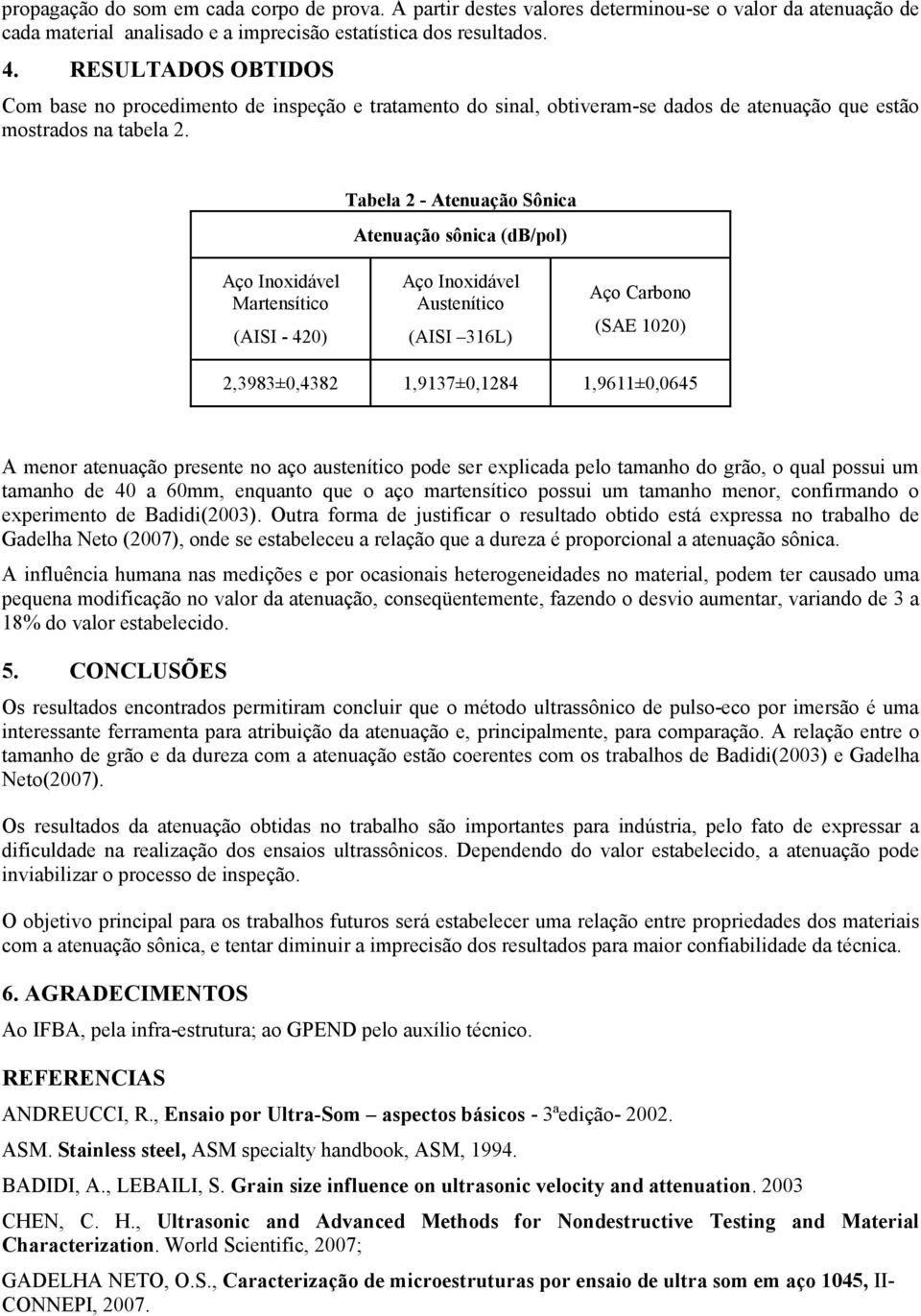 Tabela 2 - Atenuação Sônica Atenuação sônica (db/pol) Martensítico (AISI - 420) Austenítico (AISI 316L) Aço Carbono (SAE 1020) 2,3983±0,4382 1,9137±0,1284 1,9611±0,0645 A menor atenuação presente no