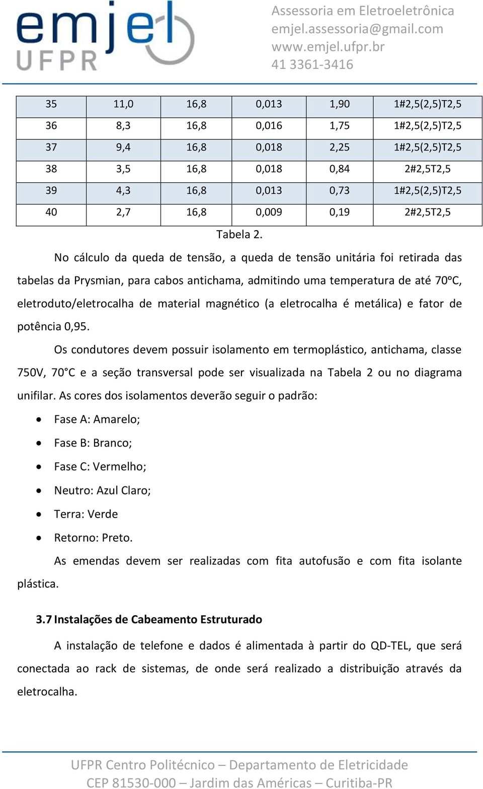 No cálculo da queda de tensão, a queda de tensão unitária foi retirada das tabelas da Prysmian, para cabos antichama, admitindo uma temperatura de até 70ᵒC, eletroduto/eletrocalha de material