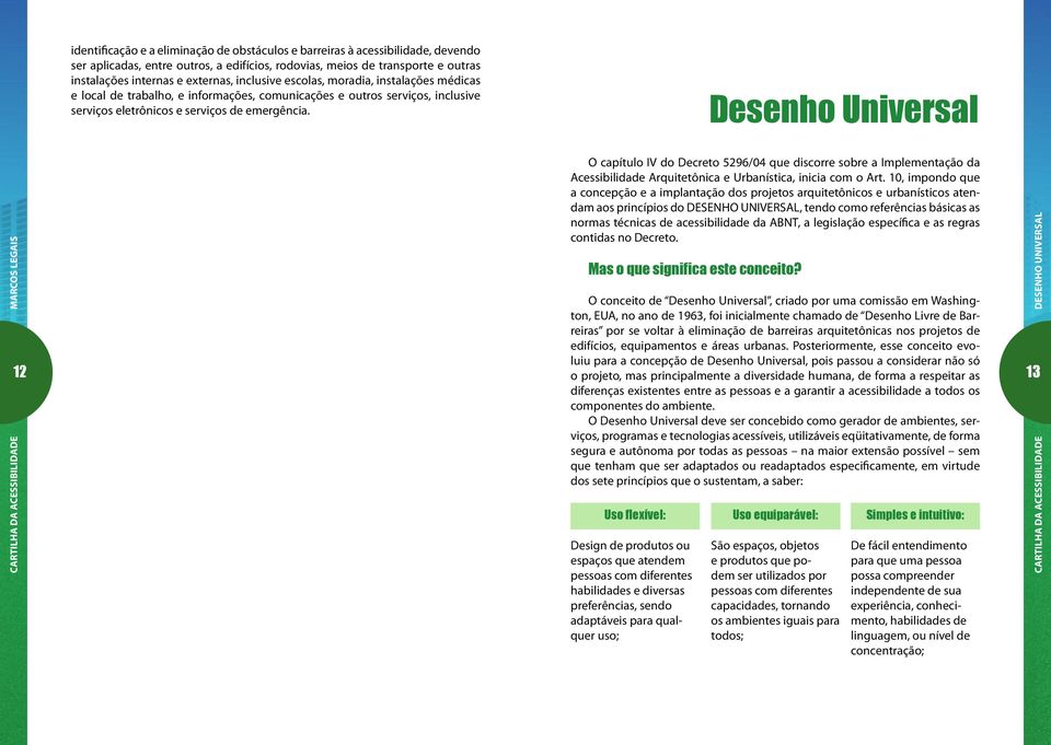 Desenho Universal MARCOS LEGAIS 12 O capítulo IV do Decreto 5296/04 que discorre sobre a Implementação da Acessibilidade Arquitetônica e Urbanística, inicia com o Art.