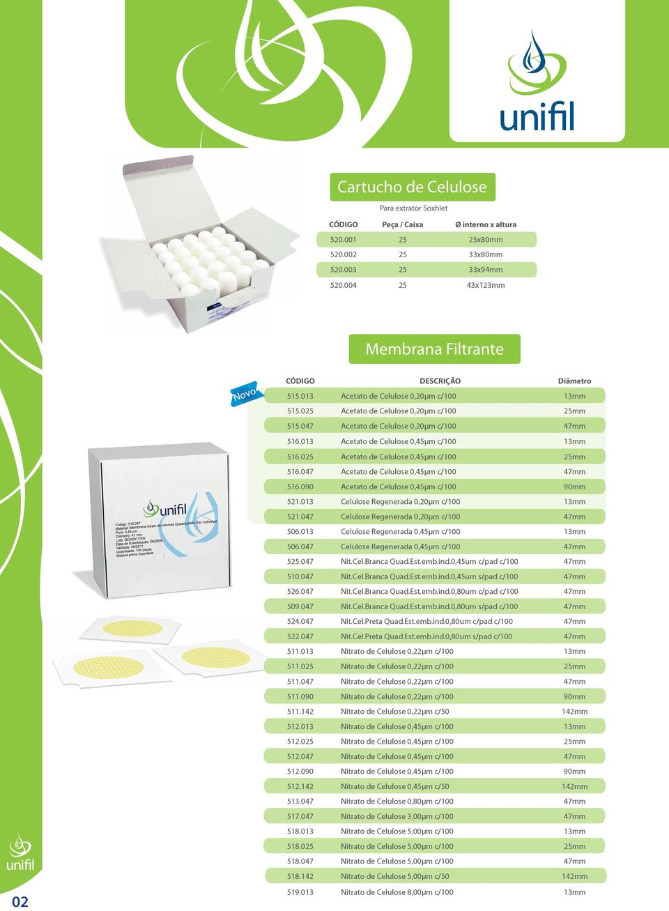013 Acetato de Celulose 0,45µm c/ 13mm 516.025 Acetato de Celulose 0,45µm c/ 25mm 516.047 Acetato de Celulose 0,45µm c/ 47mm 516.090 Acetato de Celulose 0,45µm c/ 90mm 521.