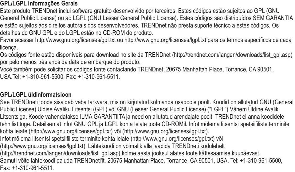 Estes códigos são distribuídos SEM GARANTIA e estão sujeitos aos direitos autorais dos desenvolvedores. TRENDnet não presta suporte técnico a estes códigos.