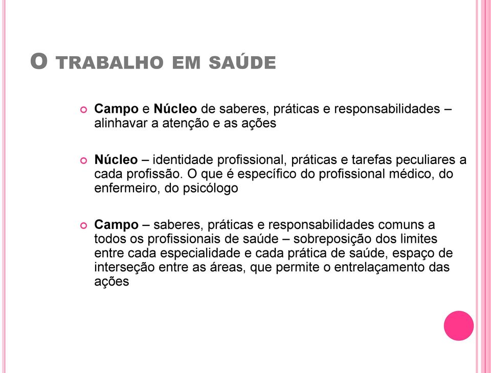 O que é específico do profissional médico, do enfermeiro, do psicólogo Campo saberes, práticas e responsabilidades comuns a