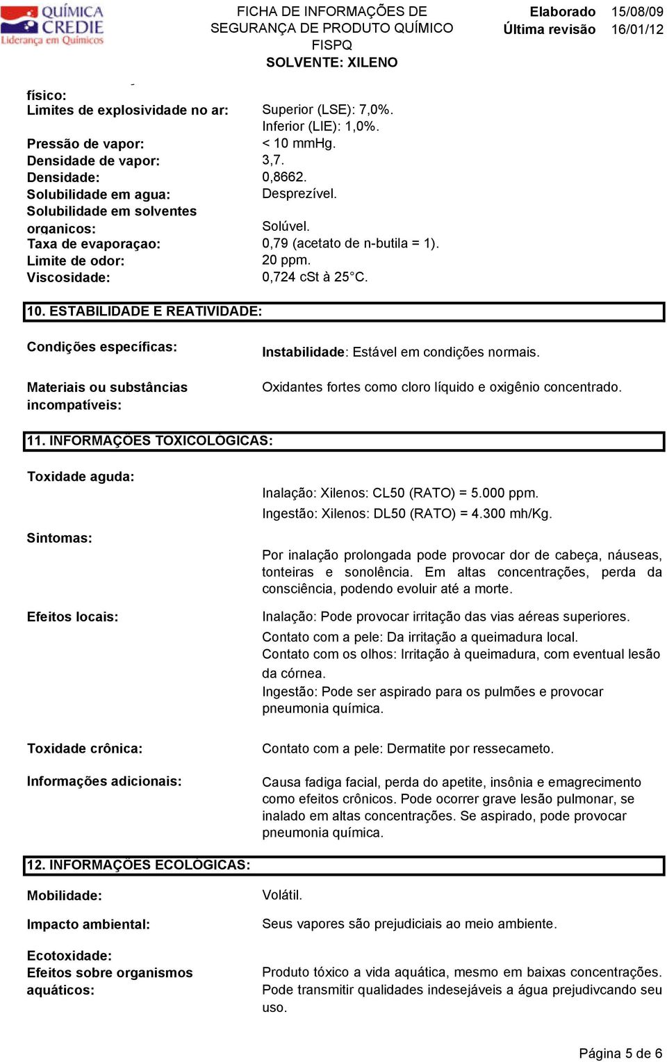 ESTABILIDADE E REATIVIDADE: Condições específicas: Materiais ou substâncias incompatíveis: Instabilidade: Estável em condições normais. Oxidantes fortes como cloro líquido e oxigênio concentrado. 11.