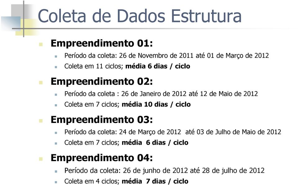 10 dias / ciclo Empreendimento 03: Período da coleta: 24 de Março de 2012 até 03 de Julho de Maio de 2012 Coleta em 7 ciclos; média